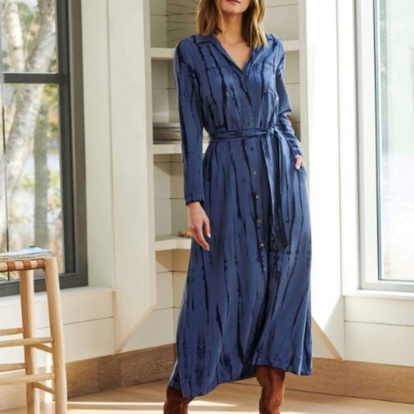 Hatley Dresses & Skirts - NEW NWT Hatley Blue Navy Tie Dye Button Down Belted Long Sleeve Maxi Dress